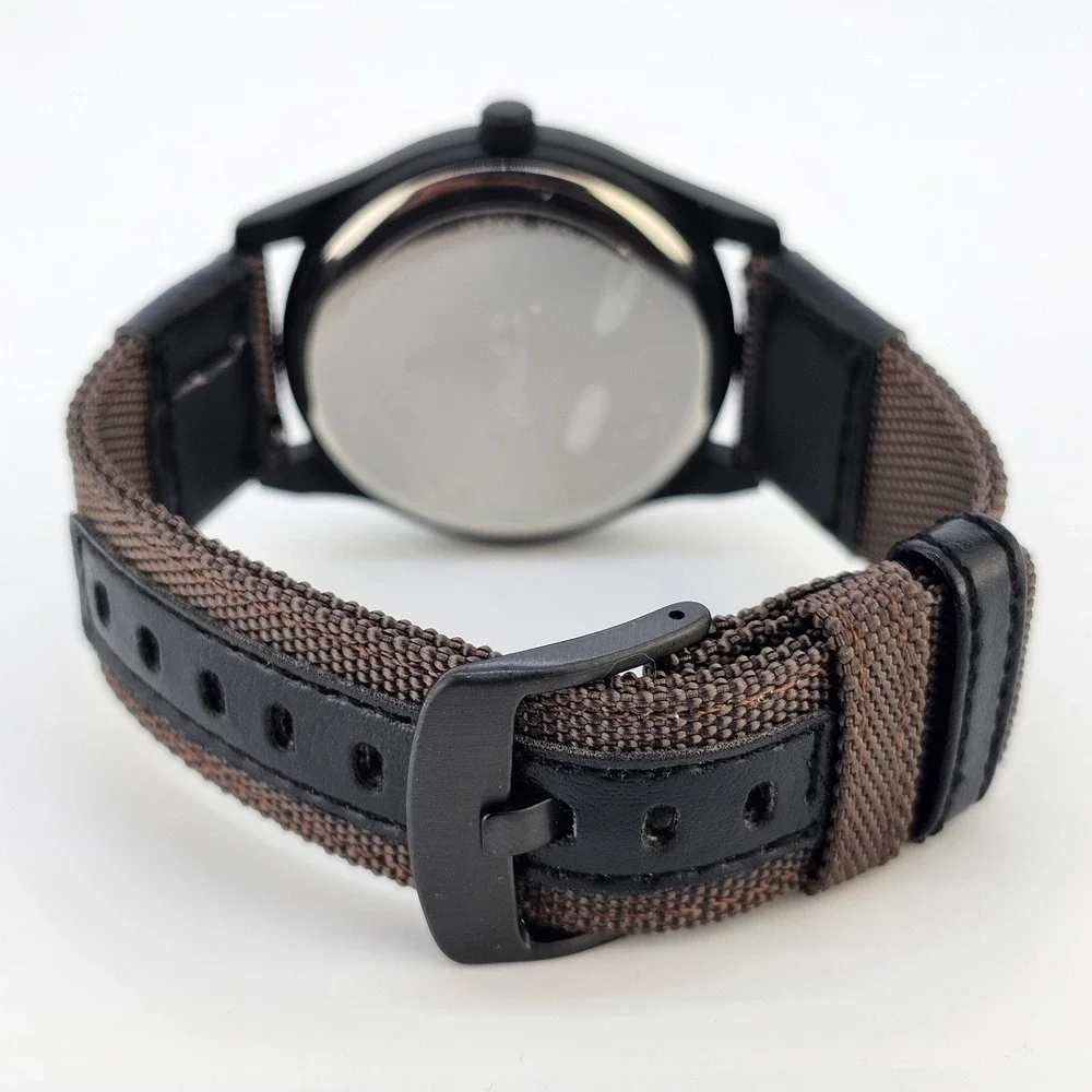 42MM Military‎ Men's Field Watch Black Dial Dark Brown Canvas Bands New Battery